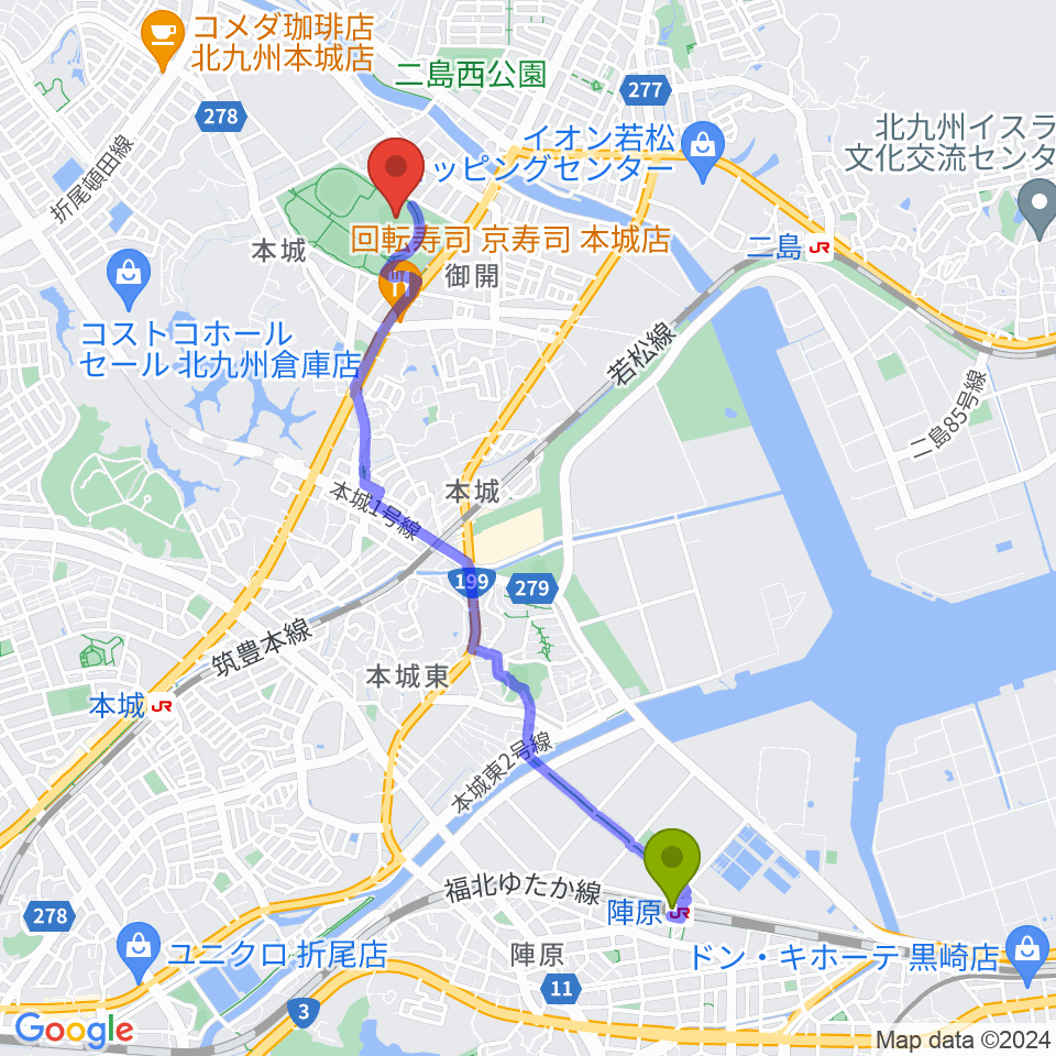 陣原駅から黒崎播磨陸上競技場inHONJOへのルートマップ地図