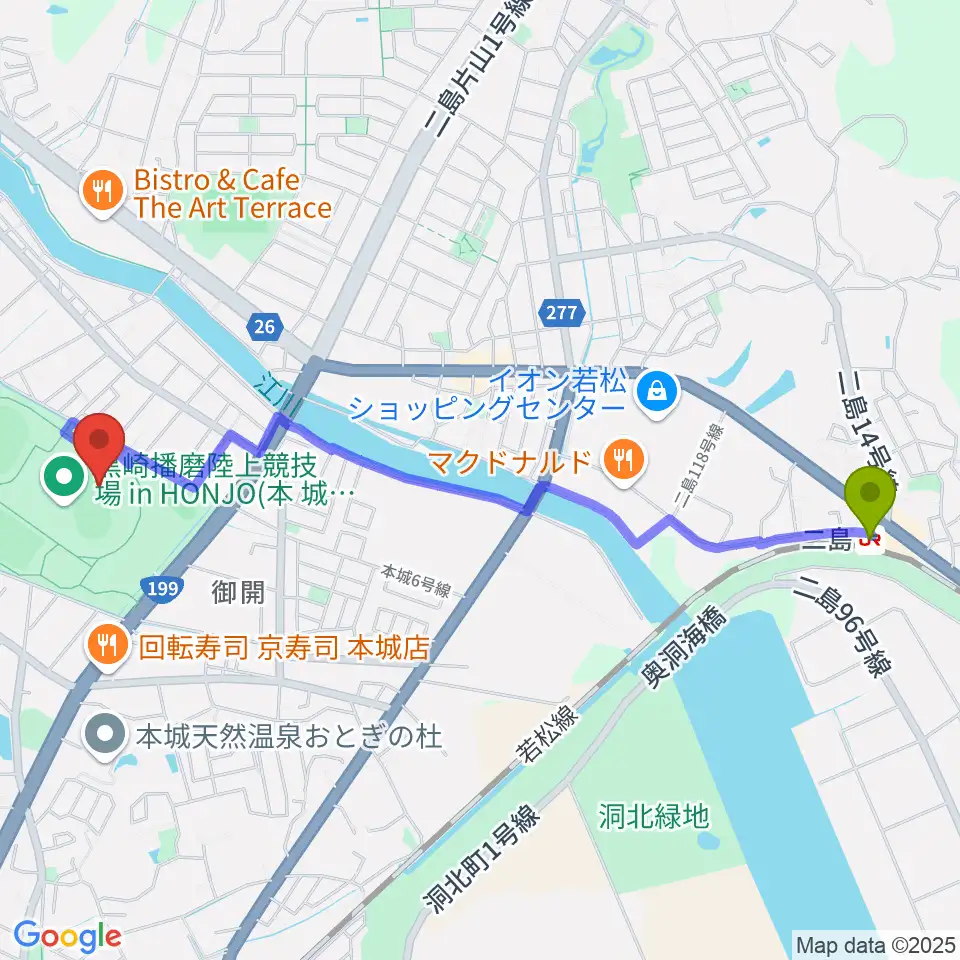 黒崎播磨陸上競技場inHONJOの最寄駅二島駅からの徒歩ルート（約26分）地図
