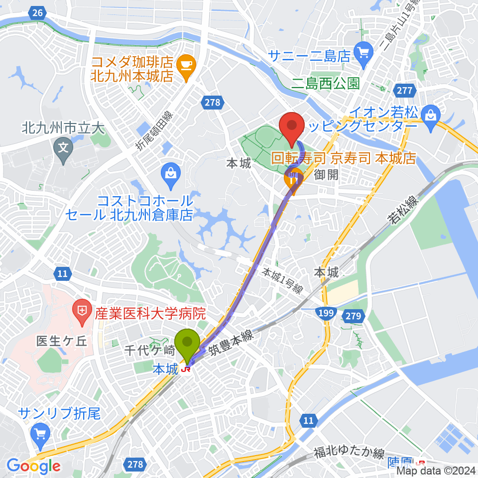 本城駅から黒崎播磨陸上競技場inHONJOへのルートマップ地図