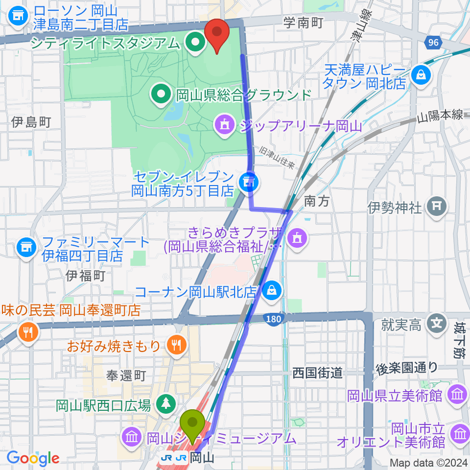 岡山駅からシティライトスタジアムへのルートマップ地図