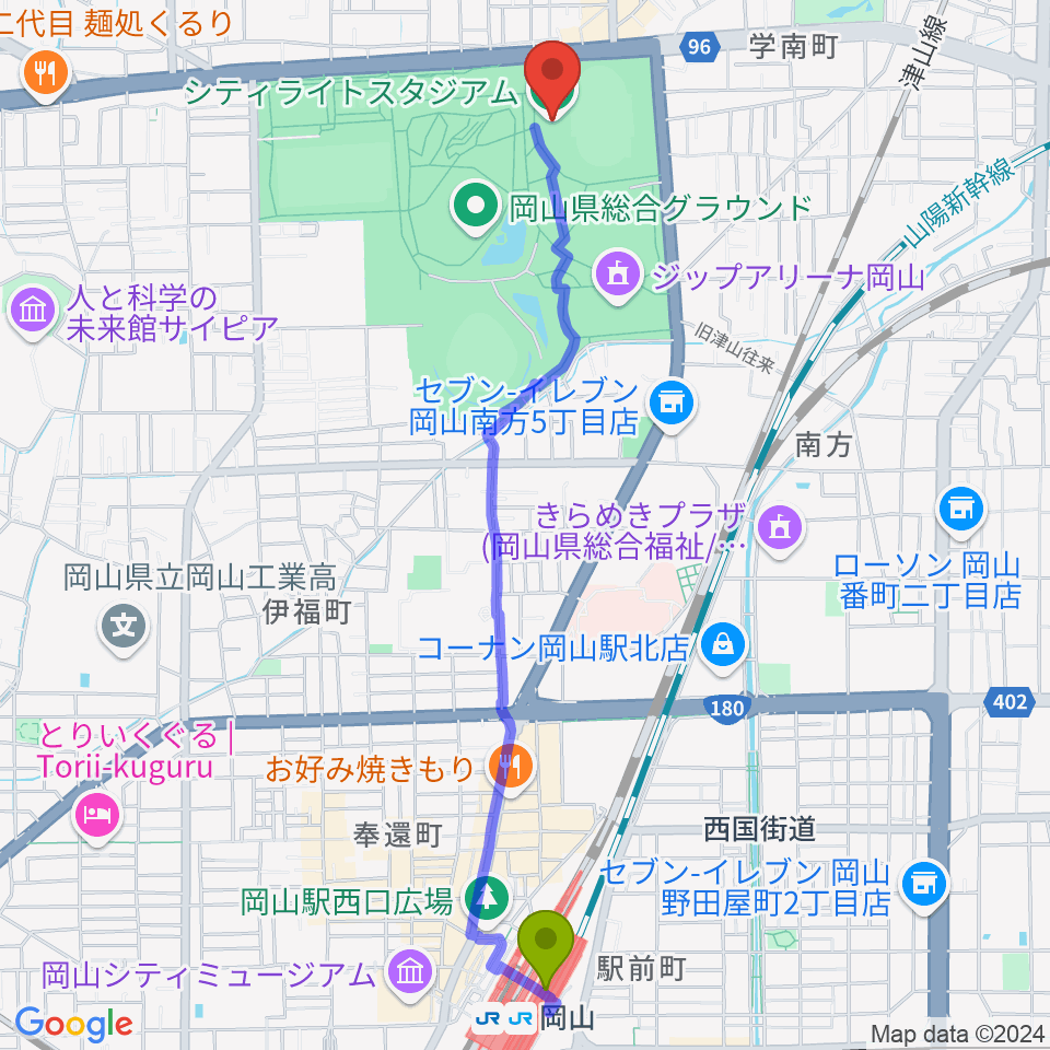 岡山駅からJFE晴れの国スタジアムへのルートマップ地図