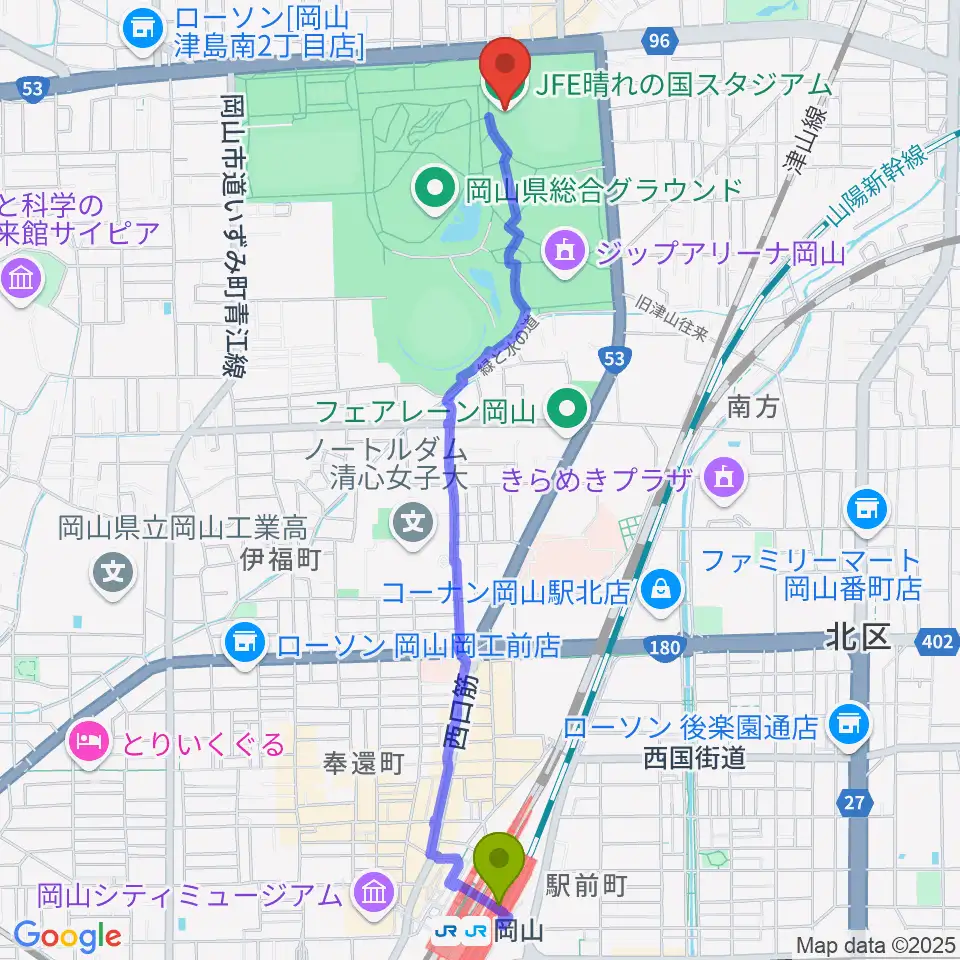 岡山駅からJFE晴れの国スタジアムへのルートマップ地図