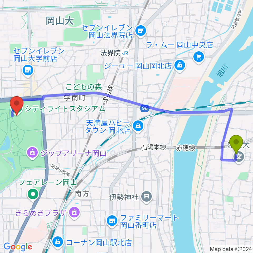 西川原駅からJFE晴れの国スタジアムへのルートマップ地図