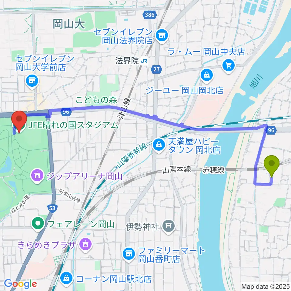 西川原駅からJFE晴れの国スタジアムへのルートマップ地図