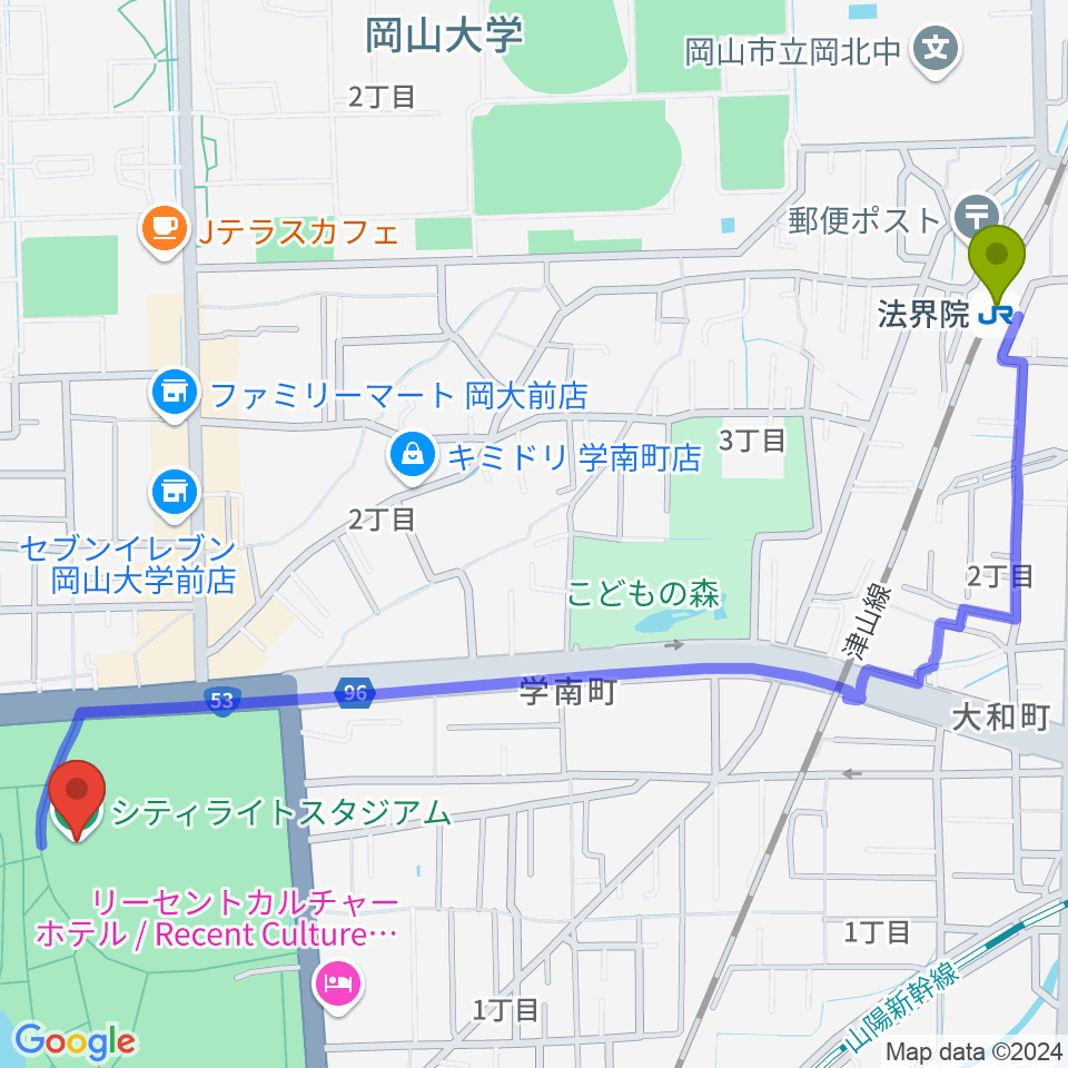 JFE晴れの国スタジアムの最寄駅法界院駅からの徒歩ルート（約16分）地図