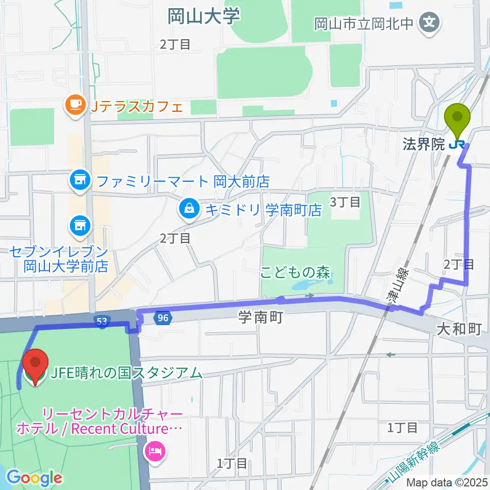 JFE晴れの国スタジアムの最寄駅法界院駅からの徒歩ルート（約16分）地図