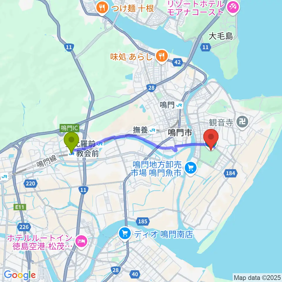教会前駅からポカリスエットスタジアムへのルートマップ地図