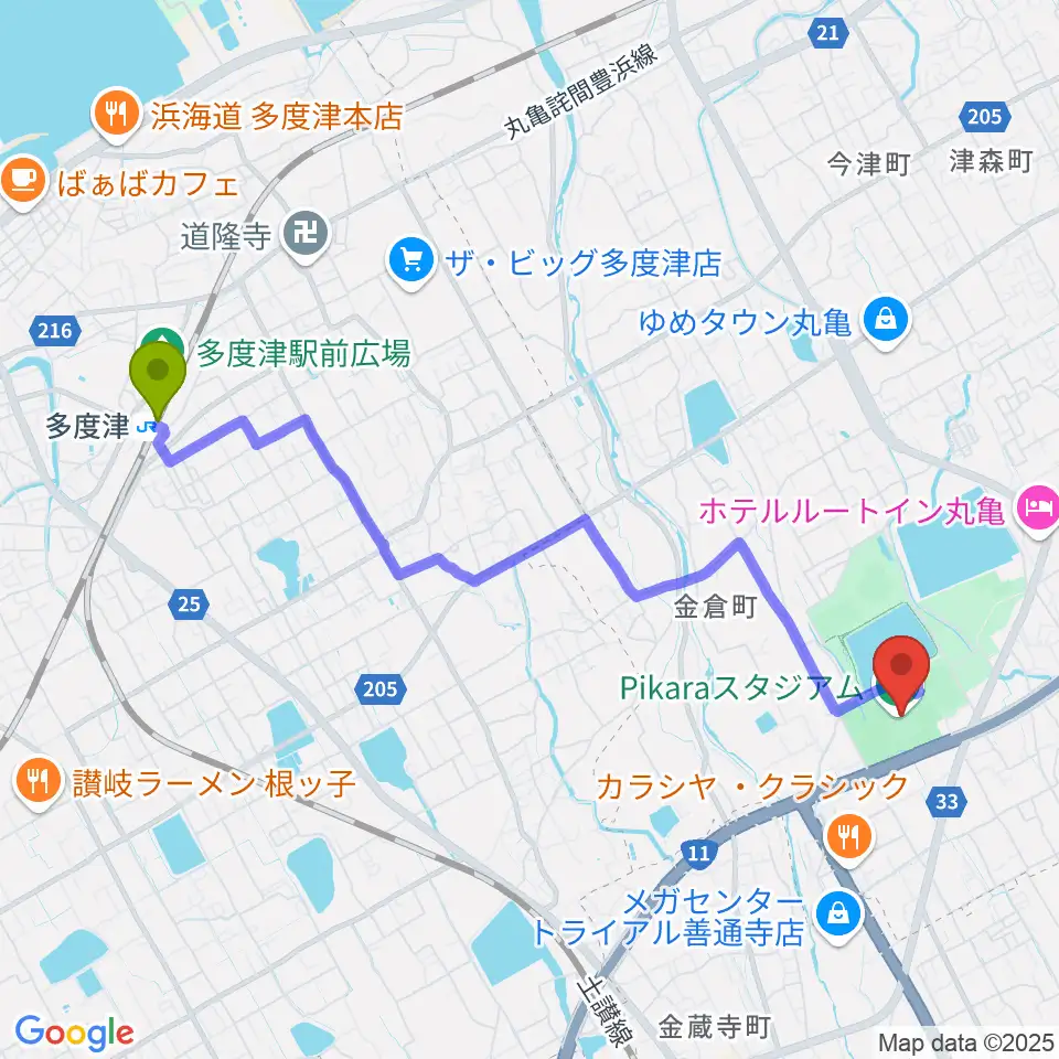 多度津駅からPikaraスタジアムへのルートマップ地図