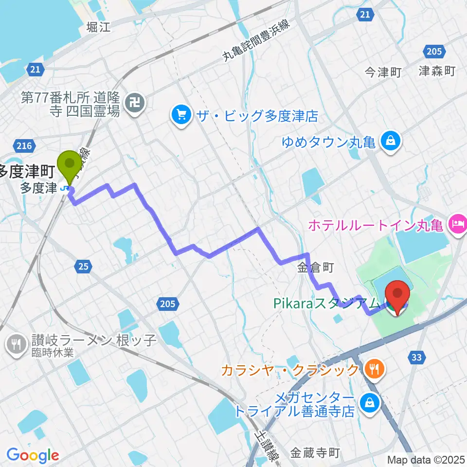 多度津駅から香川県立丸亀競技場へのルートマップ地図
