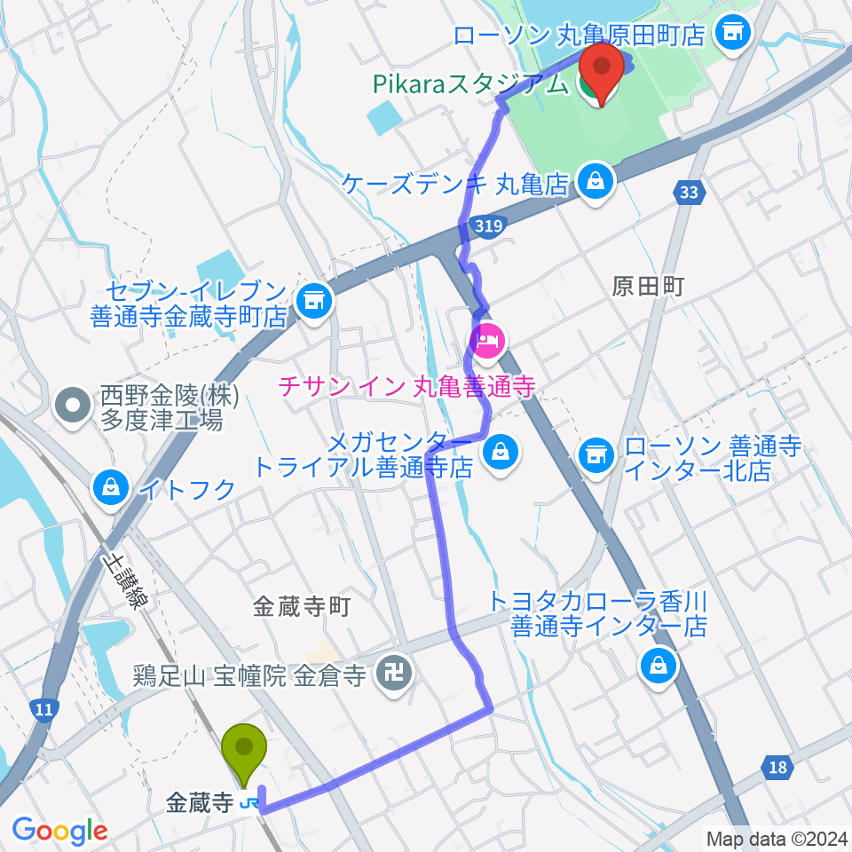 Pikaraスタジアムの最寄駅金蔵寺駅からの徒歩ルート（約28分）地図