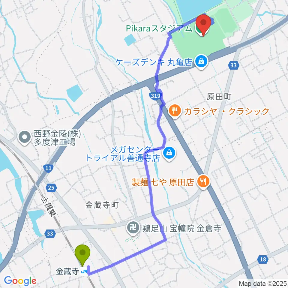 香川県立丸亀競技場の最寄駅金蔵寺駅からの徒歩ルート（約28分）地図