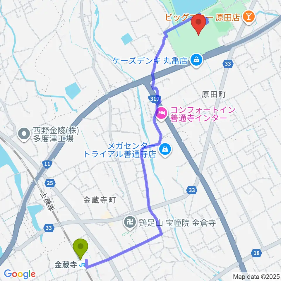 四国化成MEGLIOスタジアムの最寄駅金蔵寺駅からの徒歩ルート（約28分）地図