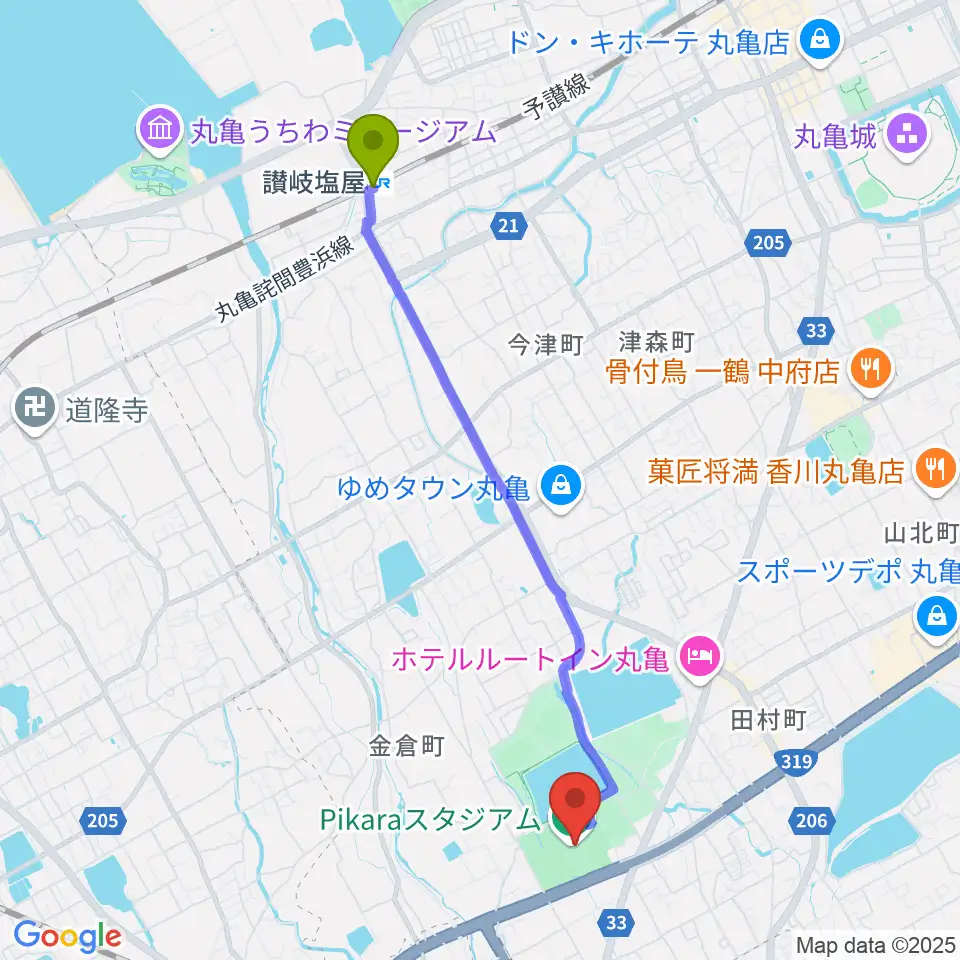 讃岐塩屋駅からPikaraスタジアムへのルートマップ地図