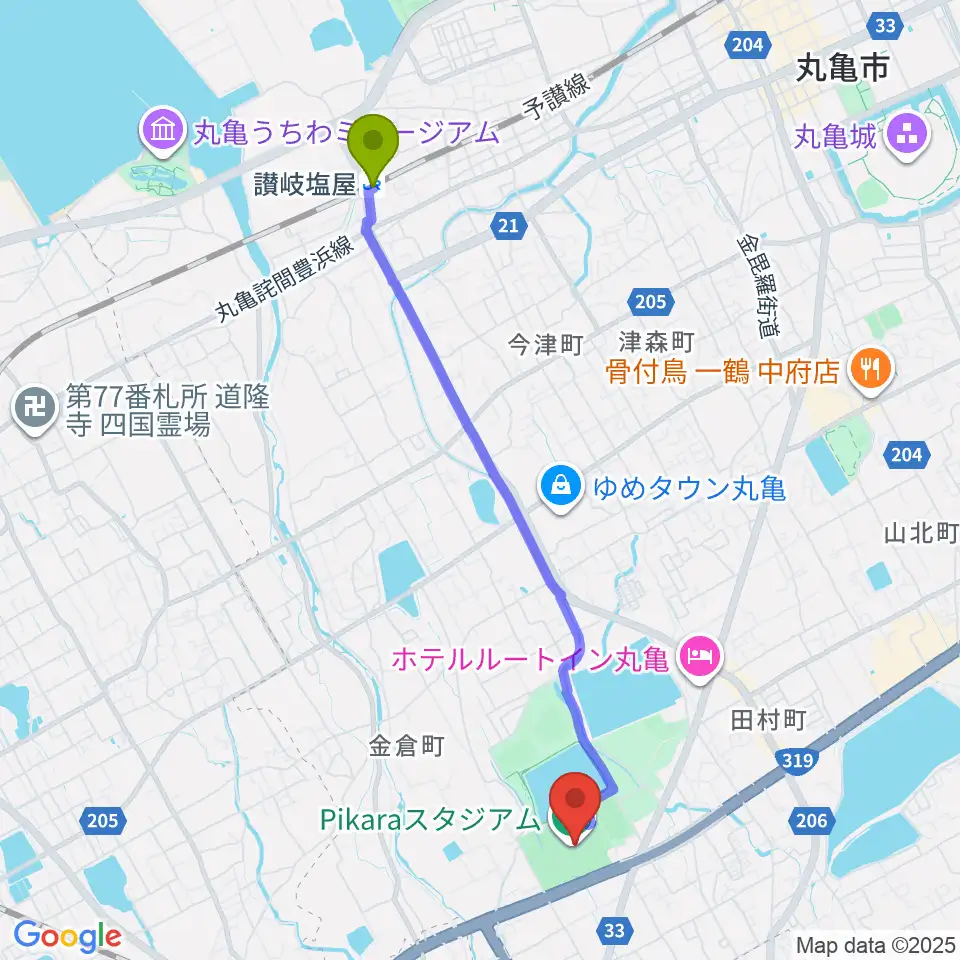 讃岐塩屋駅から香川県立丸亀競技場へのルートマップ地図