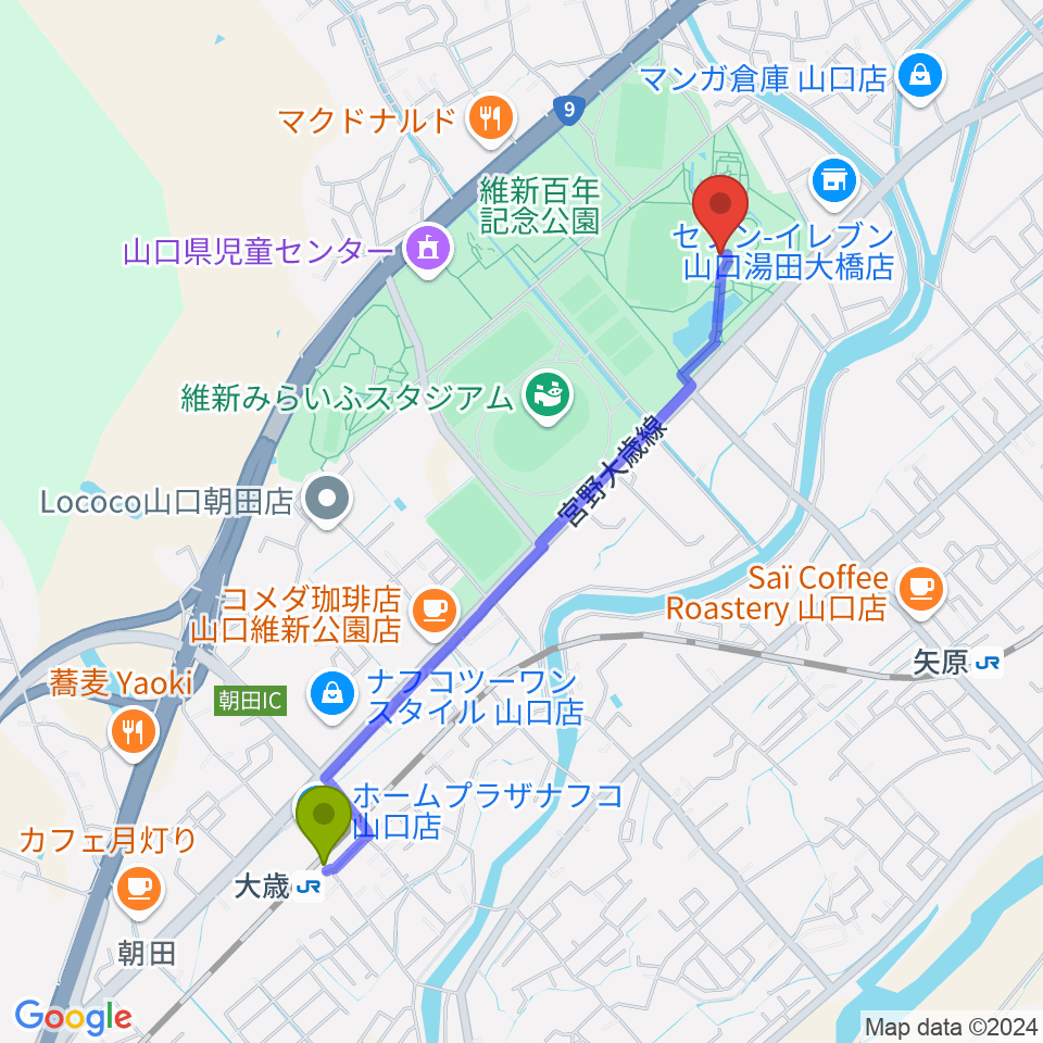 大歳駅から維新百年記念公園野外音楽堂 ビッグシェルへのルートマップ地図