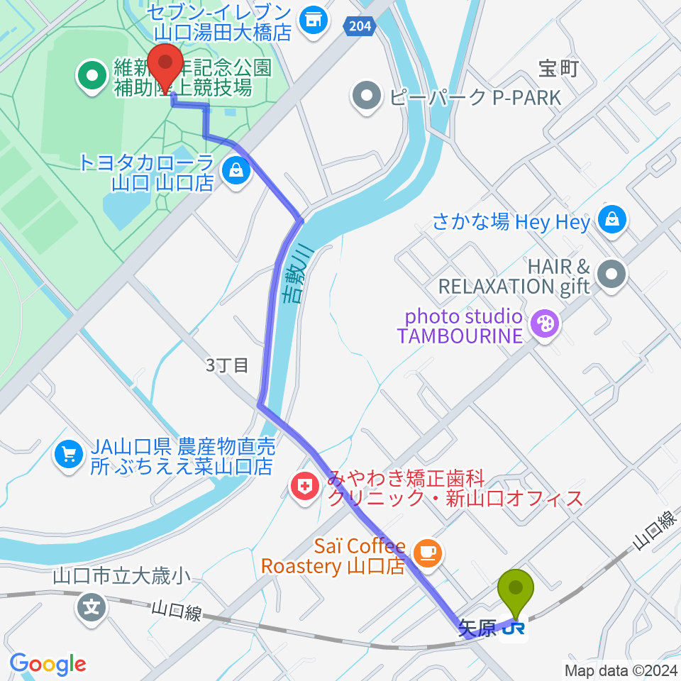 維新百年記念公園野外音楽堂 ビッグシェルの最寄駅矢原駅からの徒歩ルート（約15分）地図