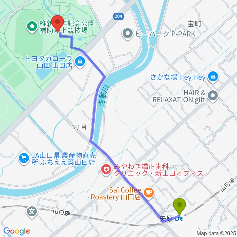 維新百年記念公園野外音楽堂 ビッグシェルの最寄駅矢原駅からの徒歩ルート（約15分）地図