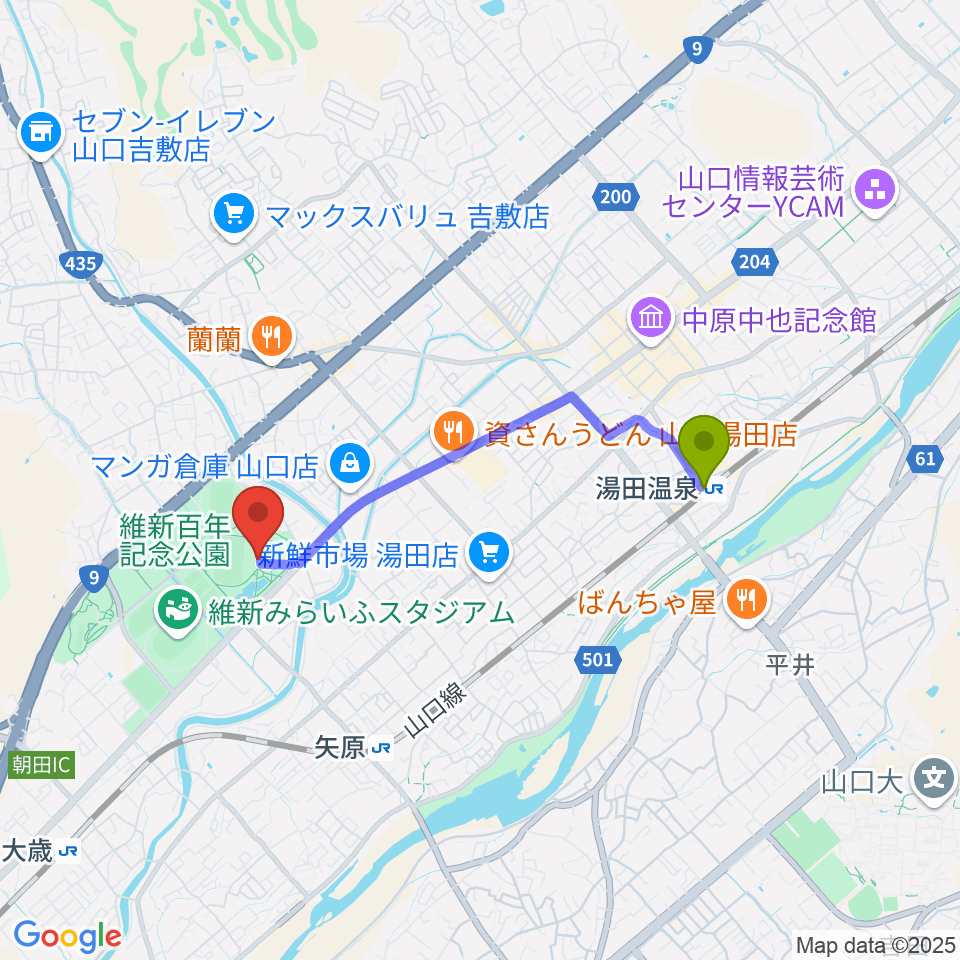 湯田温泉駅から維新百年記念公園野外音楽堂 ビッグシェルへのルートマップ地図