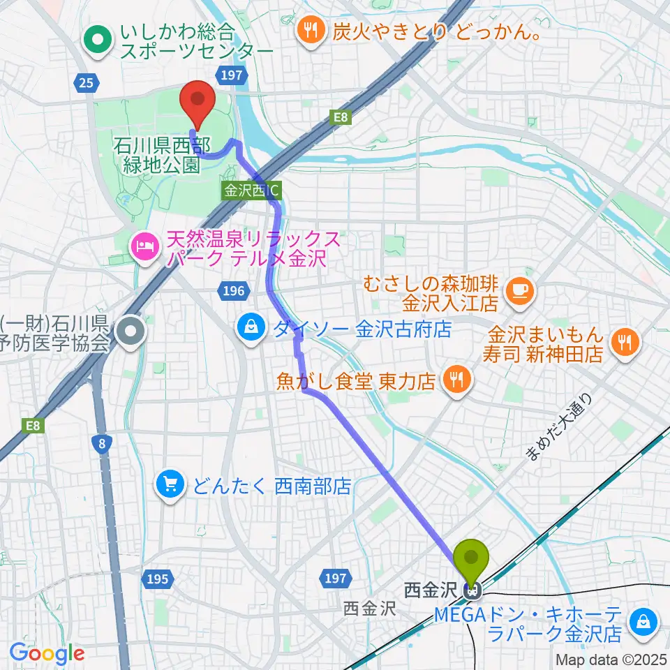 石川県西部緑地公園陸上競技場の最寄駅西金沢駅からの徒歩ルート（約49分）地図