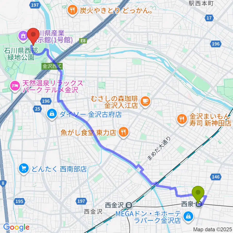 西泉駅から石川県西部緑地公園陸上競技場へのルートマップ地図