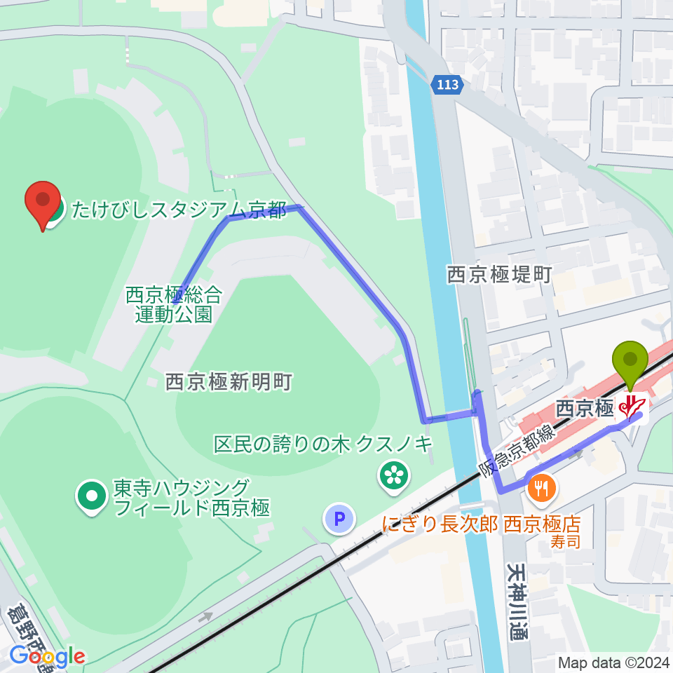 たけびしスタジアム京都の最寄駅西京極駅からの徒歩ルート（約7分）地図