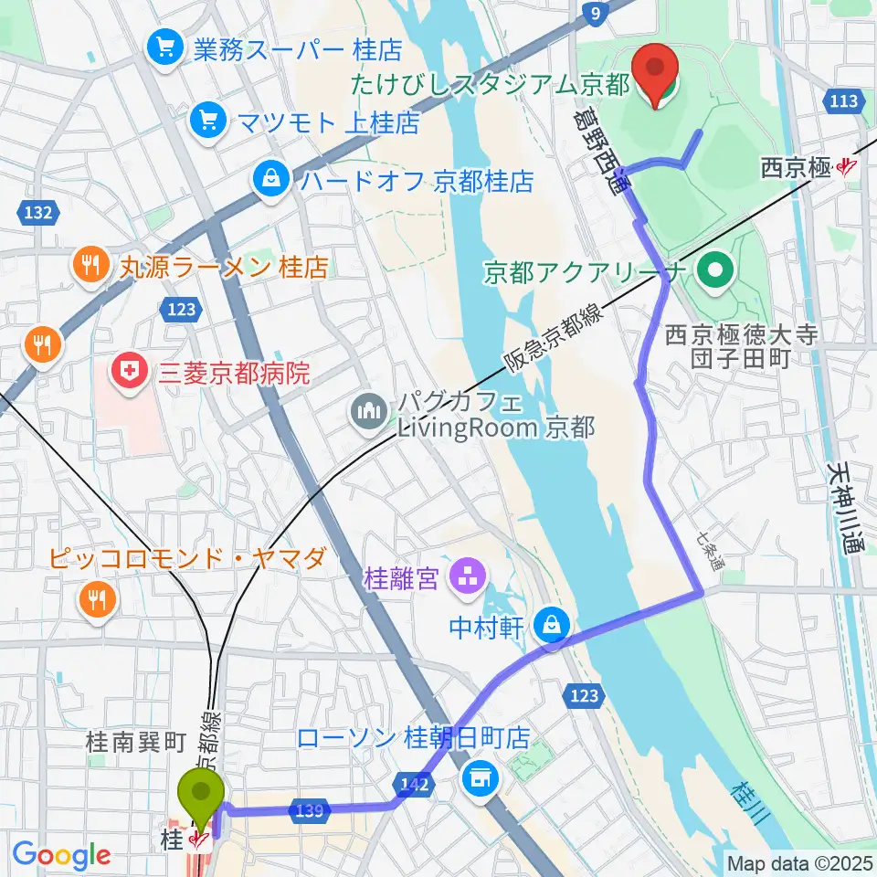 桂駅からたけびしスタジアム京都へのルートマップ地図