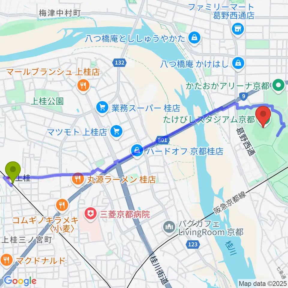 上桂駅からたけびしスタジアム京都へのルートマップ地図