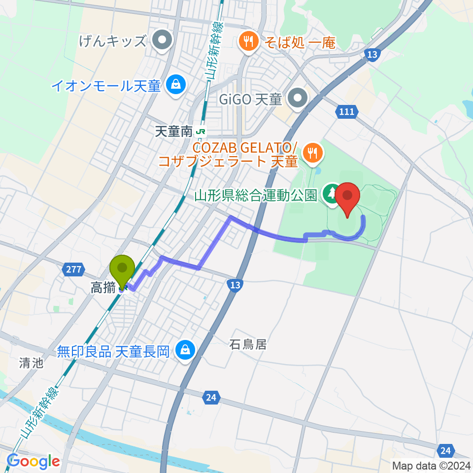 高擶駅からNDソフトスタジアム山形へのルートマップ地図