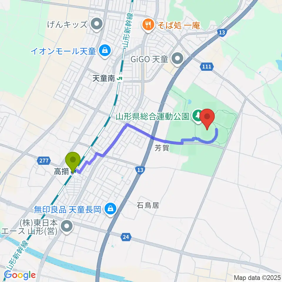 高擶駅からNDソフトスタジアム山形へのルートマップ地図