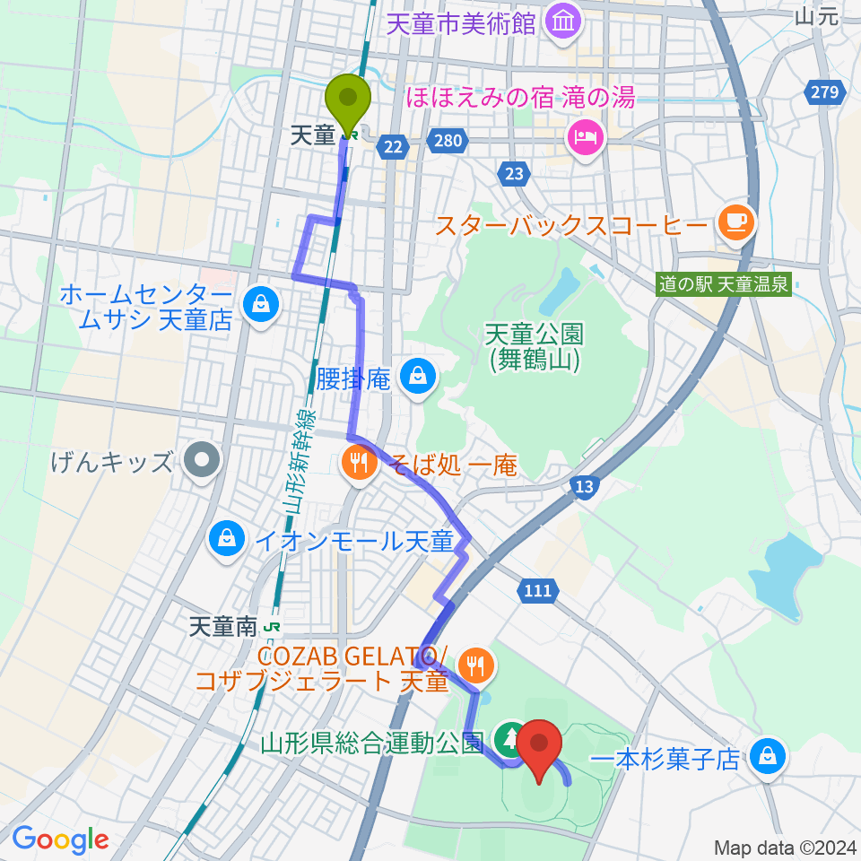 天童駅からNDソフトスタジアム山形へのルートマップ地図