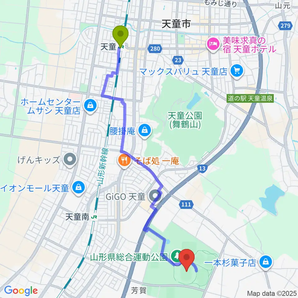 天童駅からNDソフトスタジアム山形へのルートマップ地図