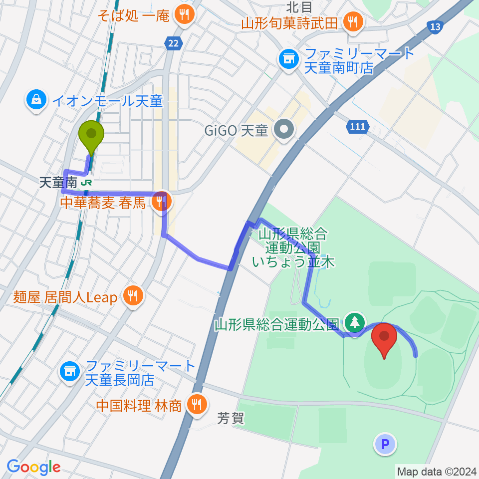 NDソフトスタジアム山形の最寄駅天童南駅からの徒歩ルート（約22分）地図