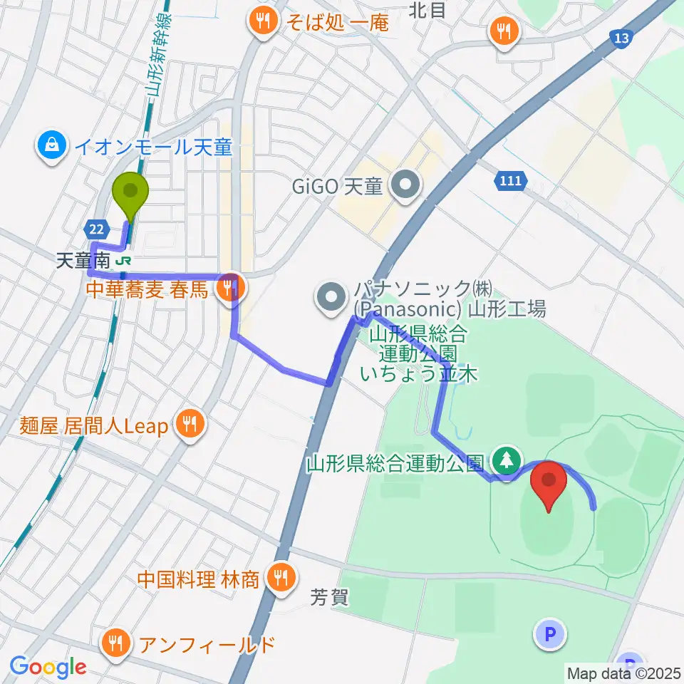 NDソフトスタジアム山形の最寄駅天童南駅からの徒歩ルート（約22分）地図