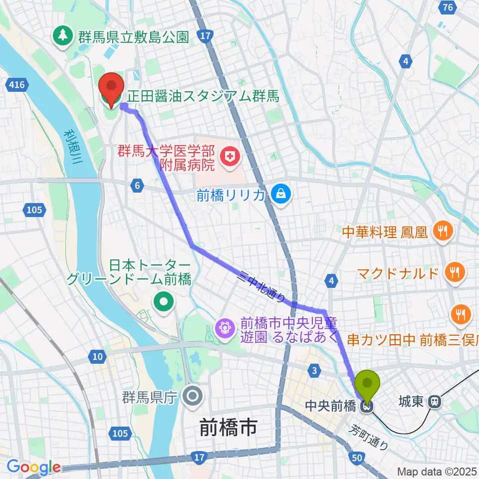 中央前橋駅から正田醤油スタジアム群馬へのルートマップ地図