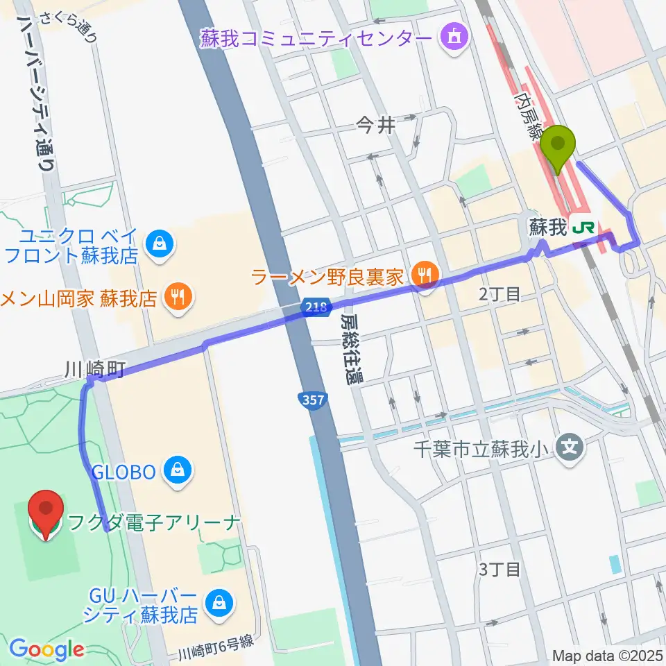 フクダ電子アリーナの最寄駅蘇我駅からの徒歩ルート（約15分）地図