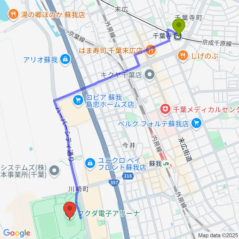 千葉寺駅からフクダ電子アリーナへのルートマップ地図