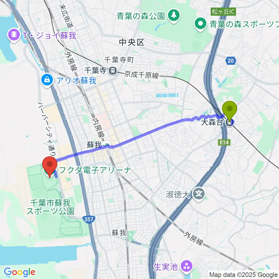 大森台駅からフクダ電子アリーナへのルートマップ地図