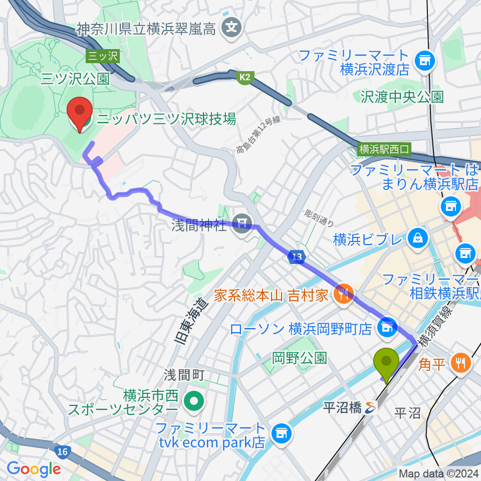 平沼橋駅からニッパツ三ツ沢球技場へのルートマップ Mdata