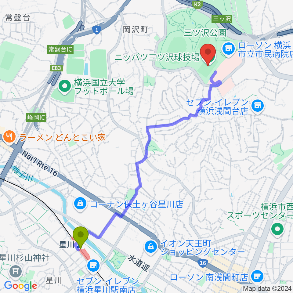 星川駅からニッパツ三ツ沢球技場へのルートマップ Mdata