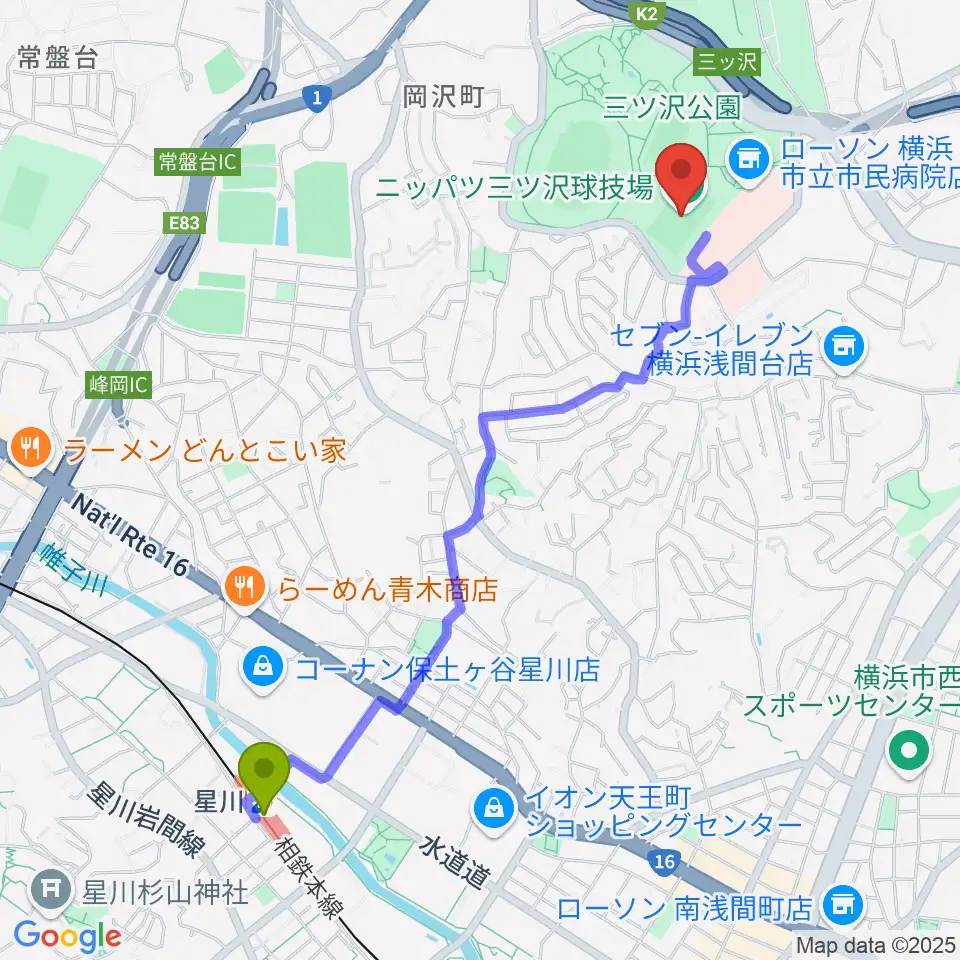 星川駅からニッパツ三ツ沢球技場へのルートマップ地図