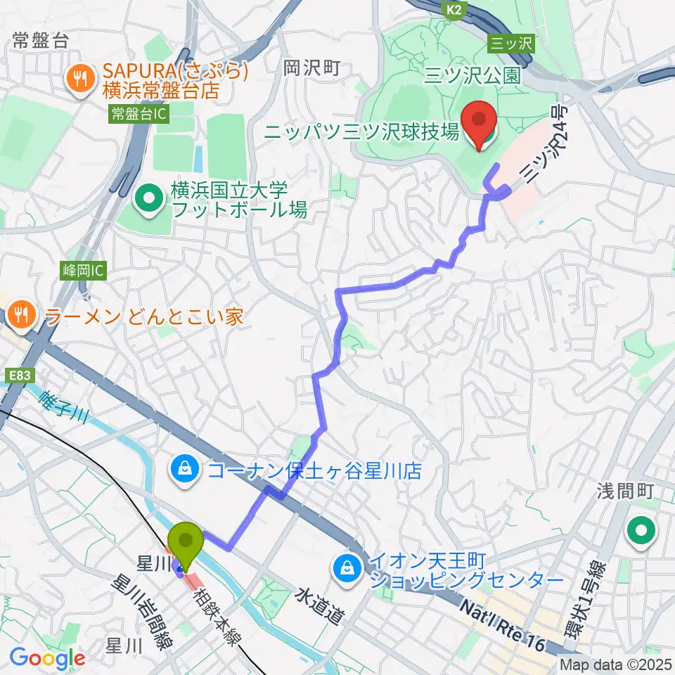 星川駅からニッパツ三ツ沢球技場へのルートマップ地図