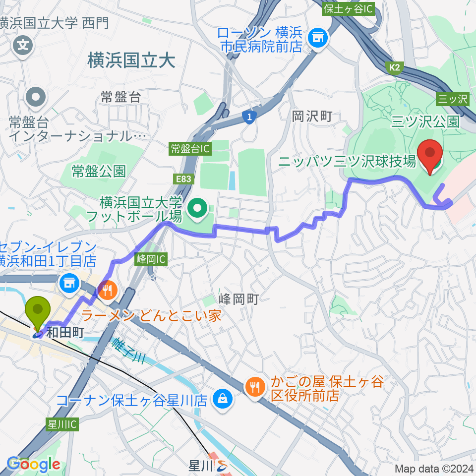 和田町駅からニッパツ三ツ沢球技場へのルートマップ Mdata