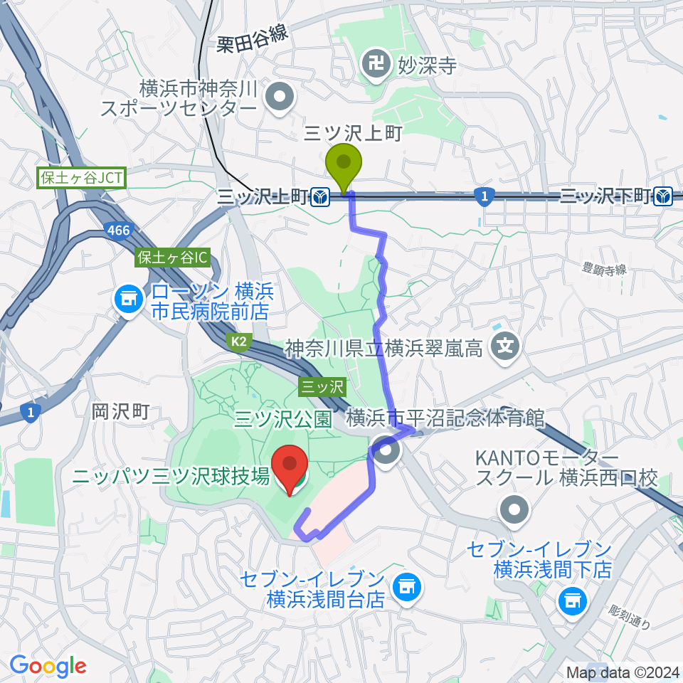 ニッパツ三ツ沢球技場の最寄駅三ツ沢上町駅からの徒歩ルート 約14分 Mdata