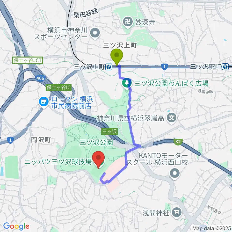 ニッパツ三ツ沢球技場の最寄駅三ツ沢上町駅からの徒歩ルート（約14分）地図