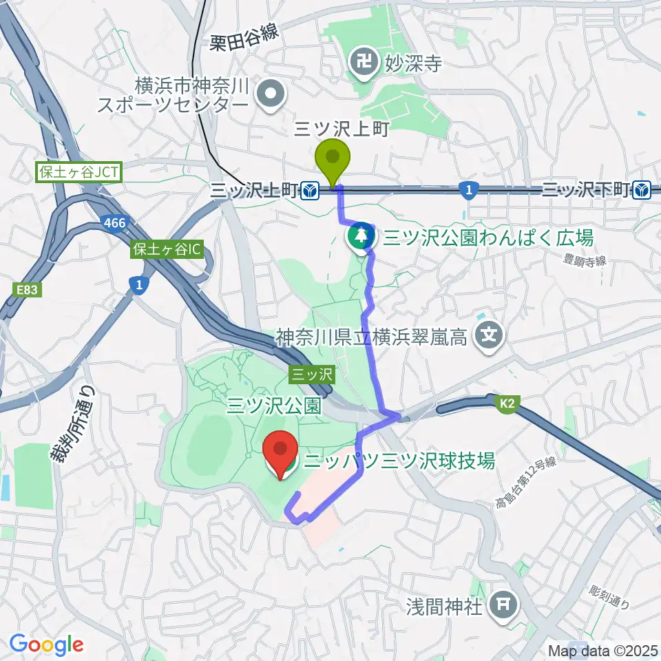 ニッパツ三ツ沢球技場の最寄駅三ツ沢上町駅からの徒歩ルート（約14分）地図