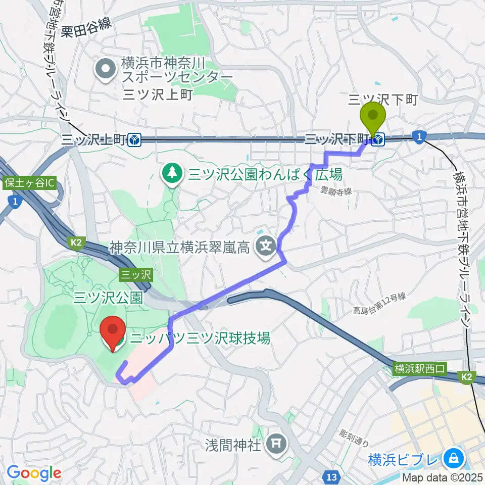三ツ沢下町駅からニッパツ三ツ沢球技場へのルートマップ地図