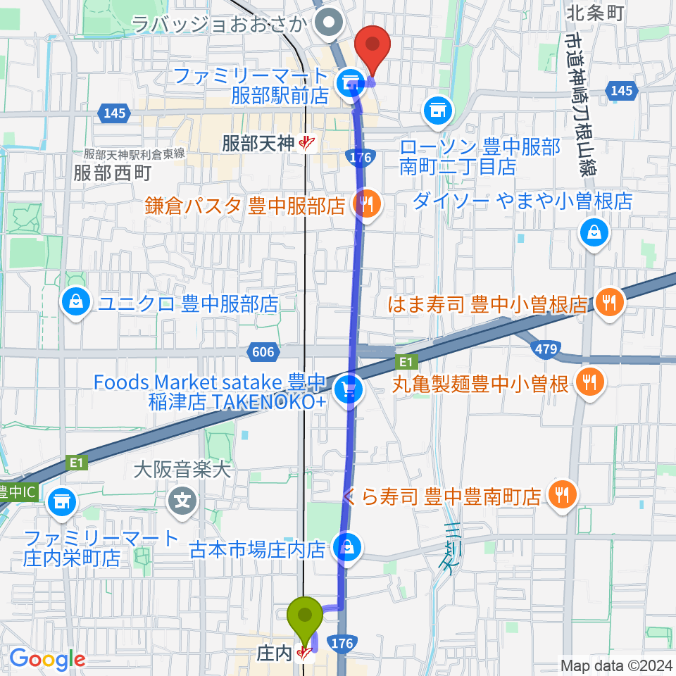 庄内駅からノワ･アコルデ音楽アートサロンへのルートマップ地図