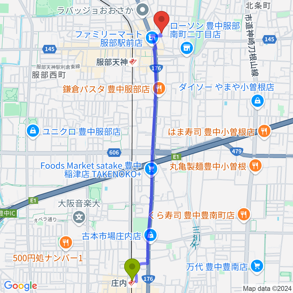 庄内駅からノワ･アコルデ音楽アートサロンへのルートマップ地図