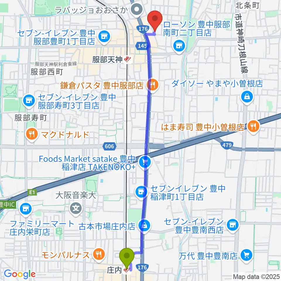 庄内駅からノワ･アコルデ音楽アートサロンへのルートマップ地図