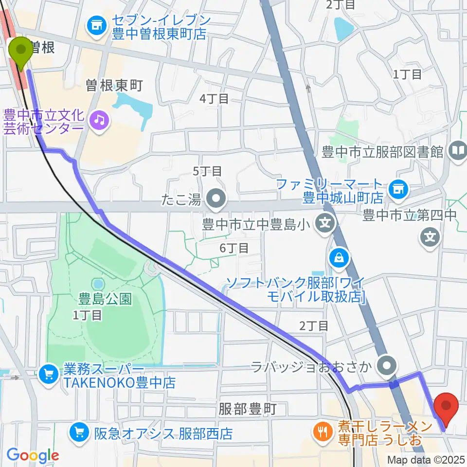 曽根駅からノワ･アコルデ音楽アートサロンへのルートマップ地図